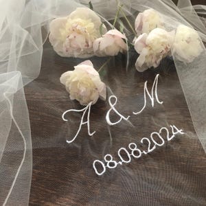 Personalized Wedding Veil: Embroidered Initials & Date, Bespoke Bridal Keepsake