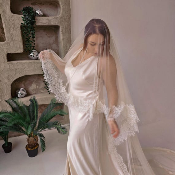 Chantilly Lace Veil with Blusher | Royal Cathedral Drop Veil | Lace Trim Veil in Ivory