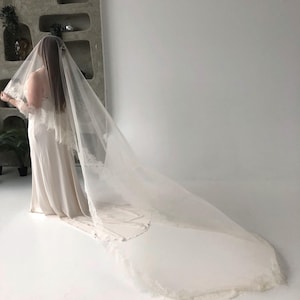 Full length cathedral wedding veil with blusher, light ivory tulle and delicate Chantilly lace trim