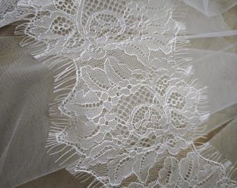 Bordure en dentelle chantilly pour voile de mariée en dentelle française florale ivoire