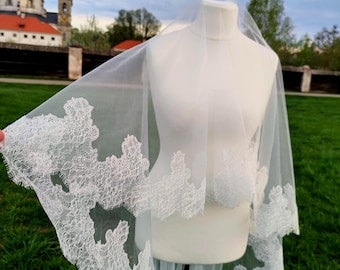 Chantilly Lace Veil with Blusher · Cathedral Veil ·Lace Trim Veil Light Ivory ·Scalloped Edge