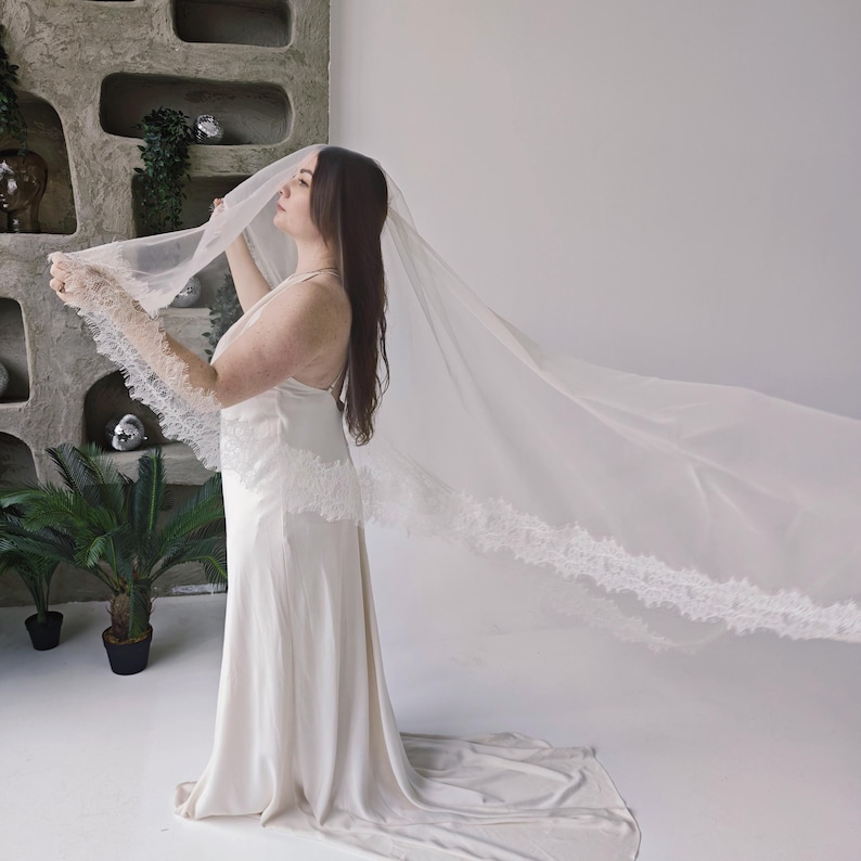 Cathedral lace veil with blusher in light ivory, two tier wedding veil with Chantilly lace edge