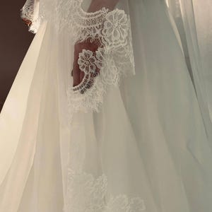 Two Tier Chantilly Lace Veil with Blusher in soft Ivory, Extra Wide, Scalloped edge