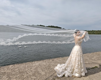 Two Tier Cathedral Veil, Ivory Chantilly Lace Drop Veil with Blusher, Hand Sewn Lace Edge in Royal Length