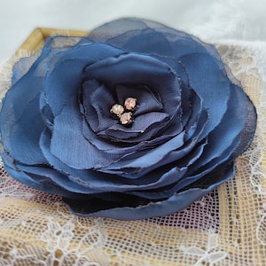 Fabric Flower brooch , Blue silk large flower brooch, silk flower pin for dress.