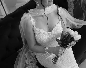 Écharpe de mariage bordée de dentelle chantilly - Châle en tulle ivoire, longue cape châle de mariée