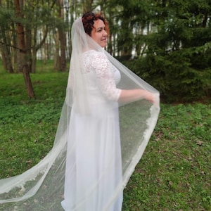 Cathedral Lace Trim Veil with Blusher, Two Tier Chantilly Lace Cathedral Veil in Ivory