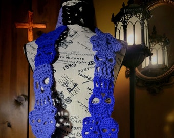 Long purple ombre skull scarf**  **One of a kind!**   Halloween, gothic, punk, wrap, crochet, knit, skeleton, skulls
