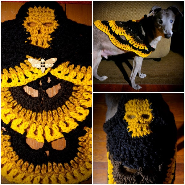 Death's Head hawkmoth dog shawl w/ wooden button, sweater, costume, Silence of the Lambs, Hannibal deaths-head, goth, Clarice, wrap, pet cat