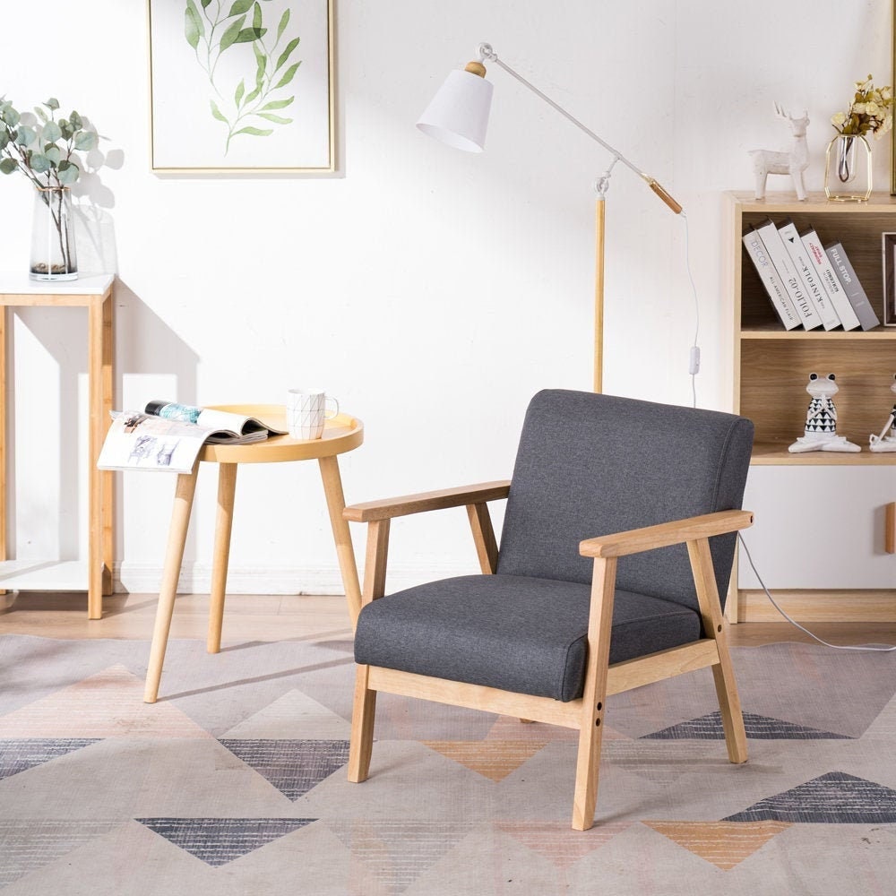 Retro Beige Armchair / Wood Frame Accent Chair / White Fabric Etsy