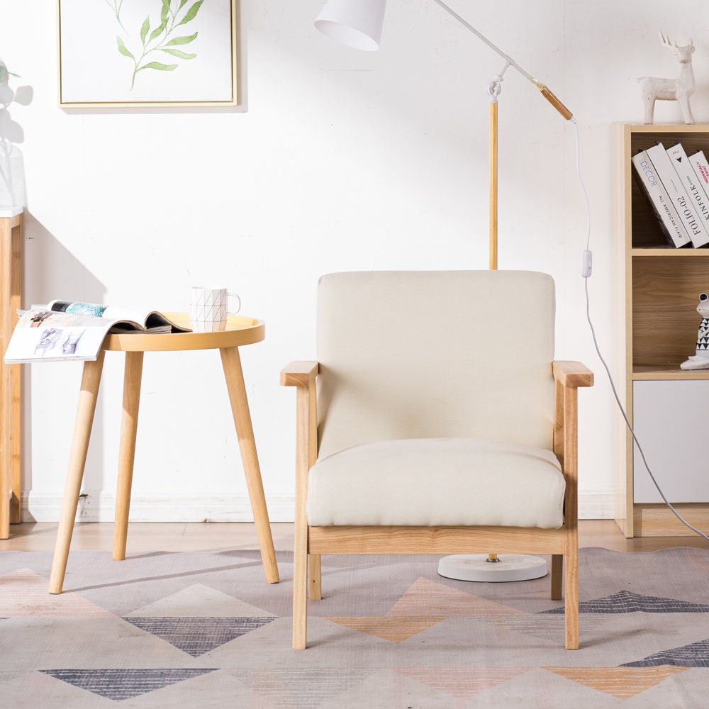 Retro Beige Armchair / Wood Frame Accent Chair / White Fabric Etsy