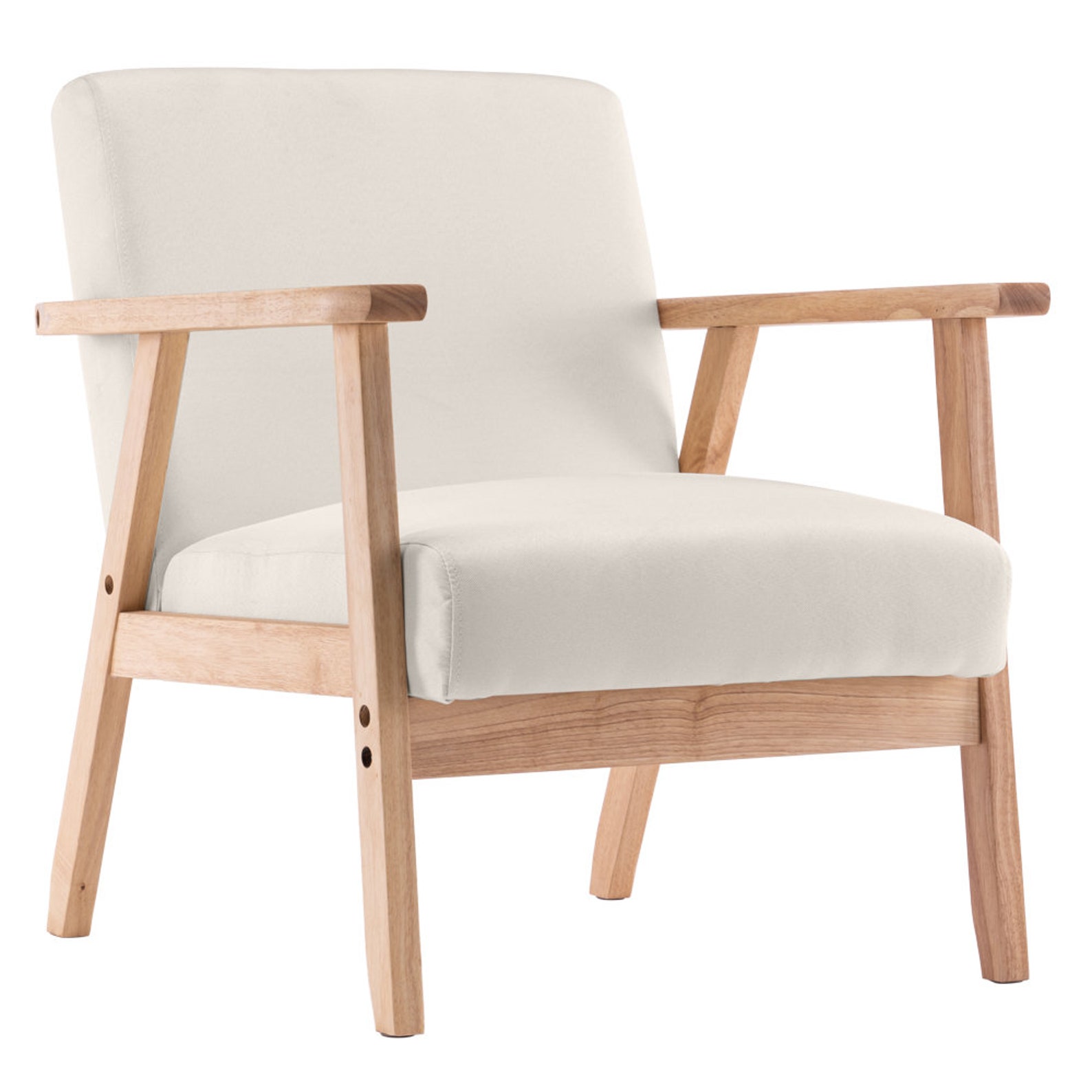 Retro Beige Armchair / Wood Frame Accent Chair / White Fabric Etsy