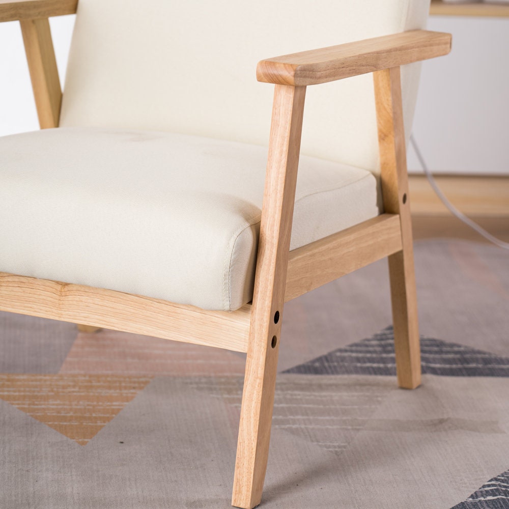 Retro Beige Armchair / Wood Frame Accent Chair / White Fabric Etsy