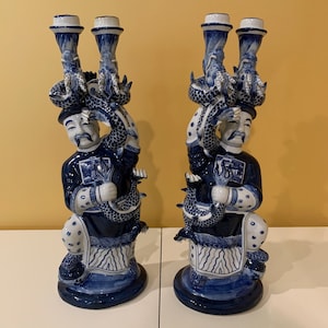 Chinese Figural Serpentine Blue & White Porcelain Candle Holders - Set of 2