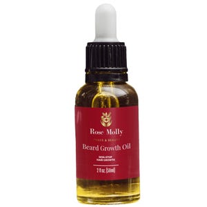 May include: A clear glass bottle of Rose Molly Beard Growth Oil with a black cap and white dropper. The label is red with white text and a gold emblem. The bottle contains 2 fl oz (59ml) of oil.