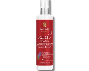May include: A white and silver spray bottle of Rose Molly curl leave-in conditioner. The red label features the brand name, product name, and lavender extract. The bottle contains 6.8 fl oz / 200ml of product.
