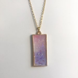 Pastel Glitter Handmade Resin Charm Necklace, Unique Custom Iridescent Pink Lilac Pendant Necklace, Gold Silver Bronze Geometric Jewellery