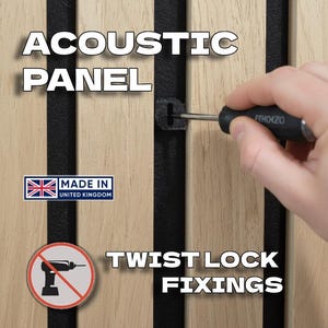 May include: Acoustic panel with twist lock fixings. The image shows a close-up of a wooden acoustic panel with black vertical stripes. The text "ACOUSTIC PANEL" and "TWIST LOCK FIXINGS" are displayed. A hand is using a screwdriver to install a fixing.