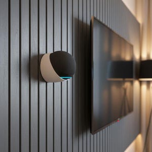 Könnte beinhalten: Ein an der Wand montierter intelligenter Lautsprecher mit einem schwarzen Mesh-Lautsprecher und einer weißen, gebogenen Halterung. Der Lautsprecher hat unten ein blaues Licht und ist an einer dunkelgrauen, vertikal verkleideten Wand montiert. Im Hintergrund ist ein großer Fernseher zu sehen.