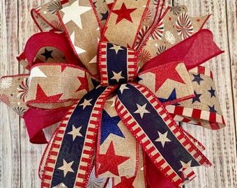Patriotic Bow, Americana, Wreath Bow, Lantern Bow, Red, white and Blue, 4th of July Decor, Independence Day , stars and stripes, burlap