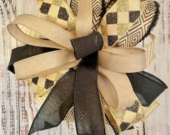 Wreath Bow, Black and Gold, Glitter bow, Team Colors, Lantern Bow, Black burlap, Gift Bow, Diamond pattern, Harlequin