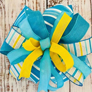 Lazo de rayas turquesa y amarillo / Lazo para corona de verano / Lazo para colgar en la puerta, Lazo decorativo para regalo / Lazo azul y amarillo brillante para decoración del hogar