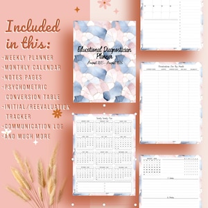 May include: An educational planner with a cover featuring a watercolor design in shades of blue, pink, and gold. The planner includes a weekly planner, monthly calendar, notes pages, and more. The text on the cover reads "Educational Diagnostician Planner August 2025 - August 2026."