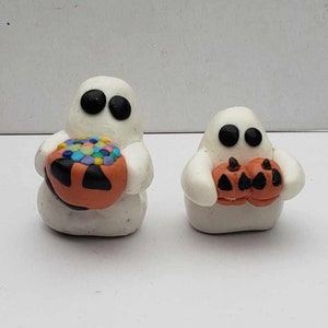 Handmade Polymer Clay Ghost Sculpture: Candy & Pumpkin