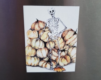 Spooky Skeleton with Pumpkins Magnet, Halloween Magnet, Skeleton Magnet, Pumpkin Magnet