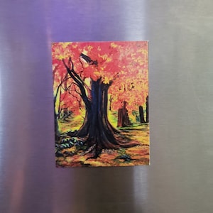 May include: A painting of a forest scene with a large tree in the center. The tree has a dark trunk and branches with red and yellow leaves. The background is a blur of green and yellow leaves.