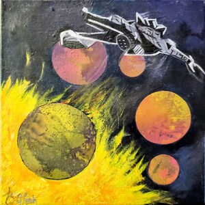 8 x 8 Sci Fi Spaceship with Planets Print, Fantasy Print, Sun and Planets in Space Art, Nerdy Gift for him, Futuristic Art Print