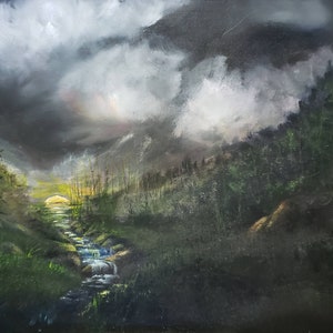 8 x 10 Stormy Mountains Print, Sunset Nature Scene, Stream River through Forests Wall Hanging, Bob Ross Style Artwork