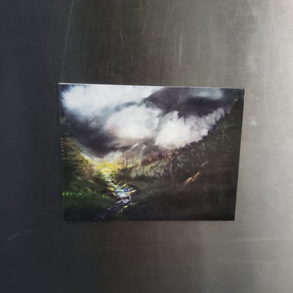 Aimant de rivière à travers les montagnes orageuses, illustration de style Bob Ross, aimant de scène de coucher de soleil nature, casier unique cool et aimants de réfrigérateur
