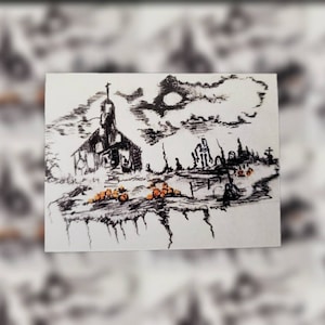 Adesivo scena spettrale, adesivo di Halloween, casa stregata, campo di zucche, regalo spettrale, adesivo spettrale, arte della luna piena, riempitivo per cesti regalo