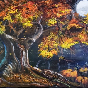 8.5 x 17.25 Autumn Tree Painting, Haunted Fall Forest Print, Halloween Acrylic on Canvas, Spooky Wall Art, Pumpkin patch, Creepy woods decor
