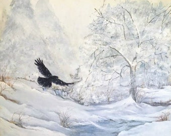 8 x 10 Raven in Snow Scene Print, Raven Art, Crow Art, Wildlife Art, Bird painting, Outdoor art, Winter Scene, Winter forest, White painting