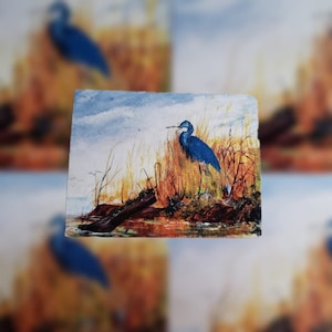 Blauer Reiher im Sumpf, Süßer Vogel Laptop Sticker, Natur Tier Kunst, Sumpf mit Schildkröten auf einem Holz, Geschenkkorb Stuffer