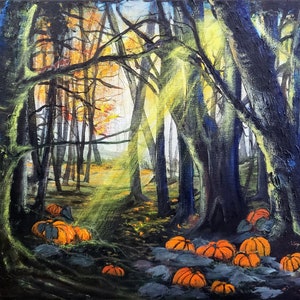 May include: A painting of a dark forest with a path leading into the woods. The trees are tall and thin, and the leaves are a mix of green, yellow, and orange. There are pumpkins scattered on the ground in the foreground.