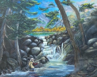 8 x 10 Fisherman in Creek print, fishing art, Man cave decoration, outdoor art, gifts for Dad, gifts for him, fishing gift, Mountain scene