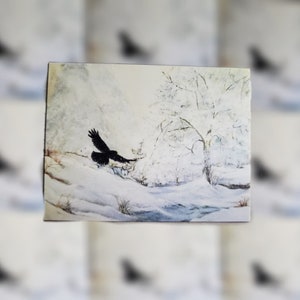 Escena de nieve con pegatina de cuervo, pegatina de escena de invierno, pegatina de cuervo, pegatina de vida silvestre, arte de nieve, arte de vida silvestre, arte de aves, relleno de cesta de regalo