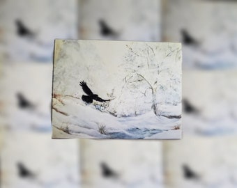 Snow Scene with Raven Sticker, Winter scene sticker, Crow sticker, wildlife sticker, Snow Art, Wildlife Art, Bird art, gift basket stuffer