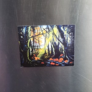 May include: A painting of a forest path with a bright light shining through the trees. The path is lined with orange pumpkins.