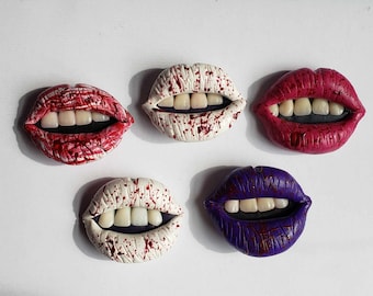 Polymer Clay blood spatter mouth magnets, fake mouth with teeth, creepy spooky halloween magnet, witchy gothic gift idea, Cute weird magnet