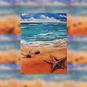 May include: A painting of a beach scene with blue water, white waves, and a sandy shore. There are seashells on the sand and a starfish in the foreground.