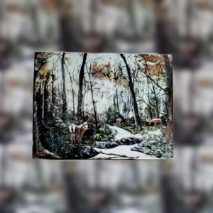 Adesivo de veado na floresta de outono no inverno, adesivo de vida selvagem, arte animal, cena de neve no inverno