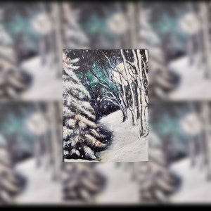 Pegatina de árbol de Navidad brillante, pegatina para portátil de un paraíso invernal, bonita escena nevada, pegatina artística estilo Bob Ross