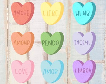 Valentines Candy Hearts SVG - Amor en diferentes idiomas SVG - Regalo Vday - Taza Amore - Bolsa de corazón - Camisa de amor eps - Imágenes prediseñadas de San Valentín