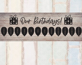 Nuestro signo de cumpleaños SVG - Tablero de cumpleaños de la escuela SVG - Decoraciones del aula - Diseño de regreso a la escuela - Letrero de madera - clip art de regalo de globo
