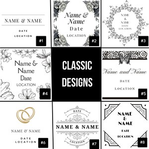 May include: A collage of eight different wedding invitation designs. The designs feature various styles, including floral, geometric, and classic. Each design includes space for the couple's names, wedding date, and location.