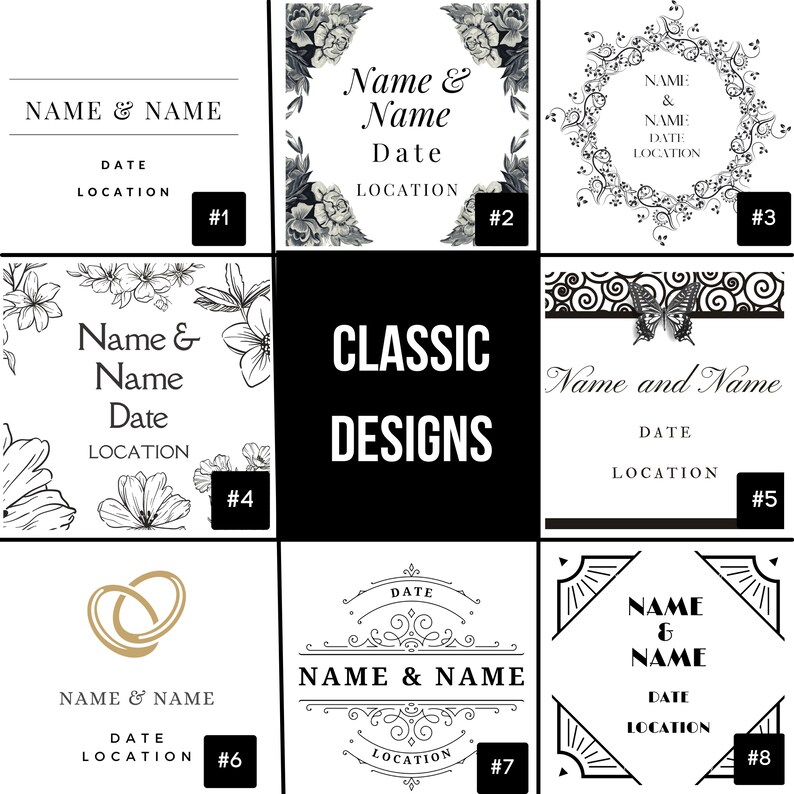 May include: A collage of eight different wedding invitation designs. The designs feature various styles, including floral, geometric, and classic. Each design includes space for the couple's names, wedding date, and location.